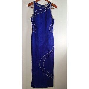 Vtg RIVA' DESIGNS Cobalt Blue Silk Beaded Maxi Dress Sz 10 Party Event Prom 90's